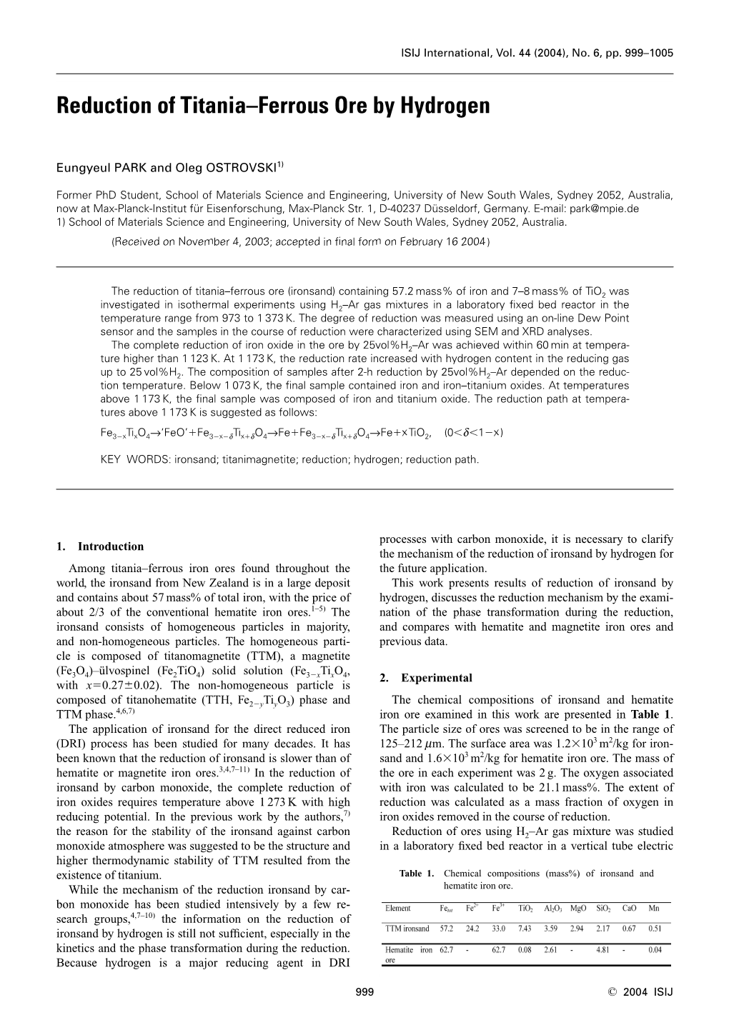 Reduction of Titania-Ferrous Ore by Hydrogen