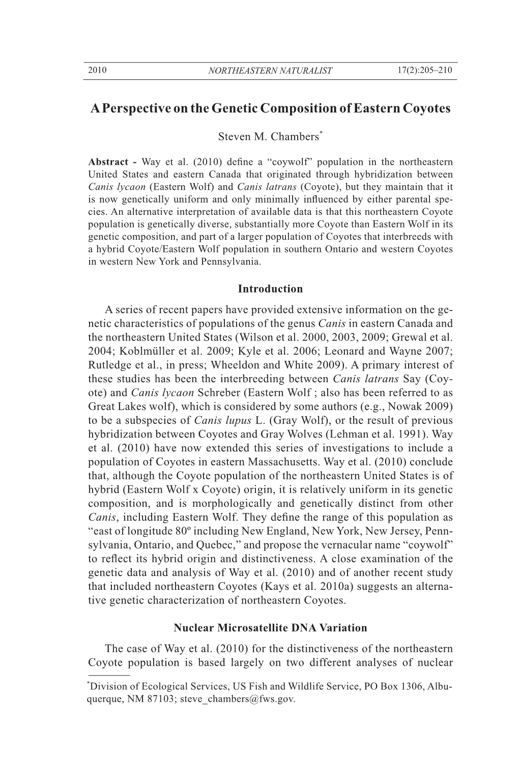 A Perspective on the Genetic Composition of Eastern Coyotes