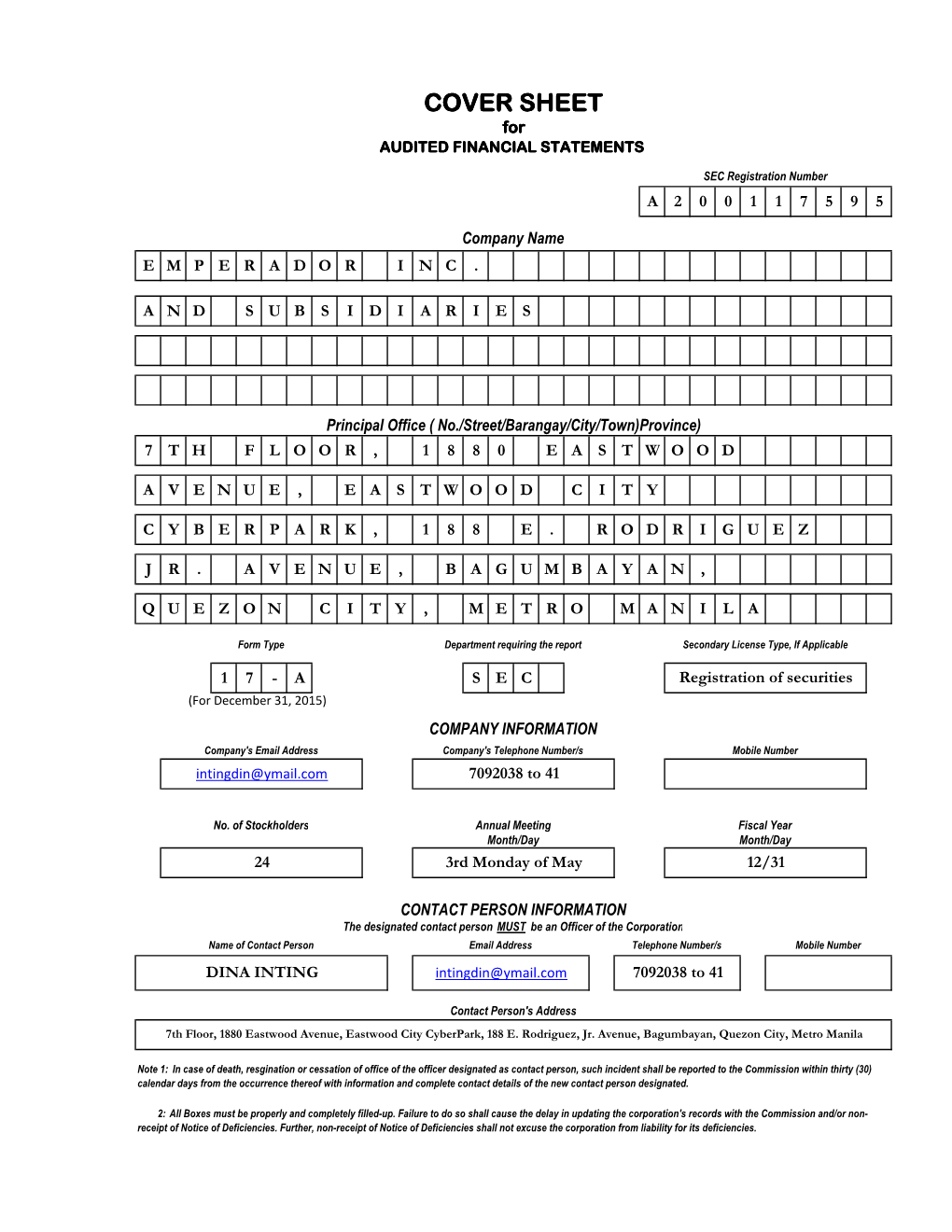 COVER SHEET for AUDITED FINANCIAL STATEMENTS