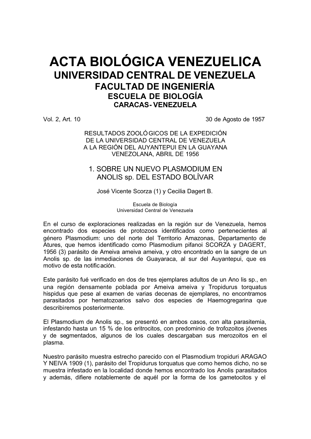 Acta Biológica Venezuelica Universidad Central De Venezuela Facultad De Ingeniería Escuela De Biología Caracas- Venezuela