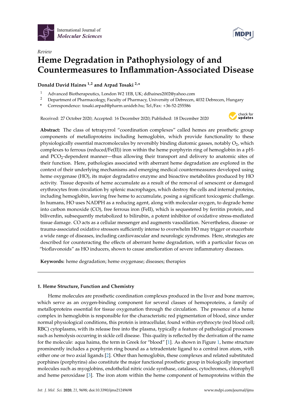 Heme Degradation in Pathophysiology of and Countermeasures to Inﬂammation-Associated Disease