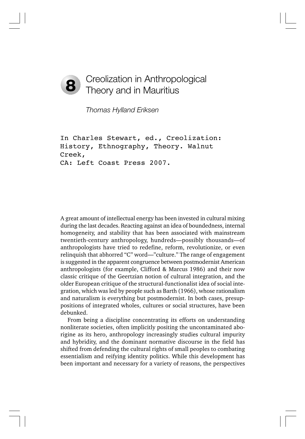 Creolization in Anthropological Theory and in Mauritius