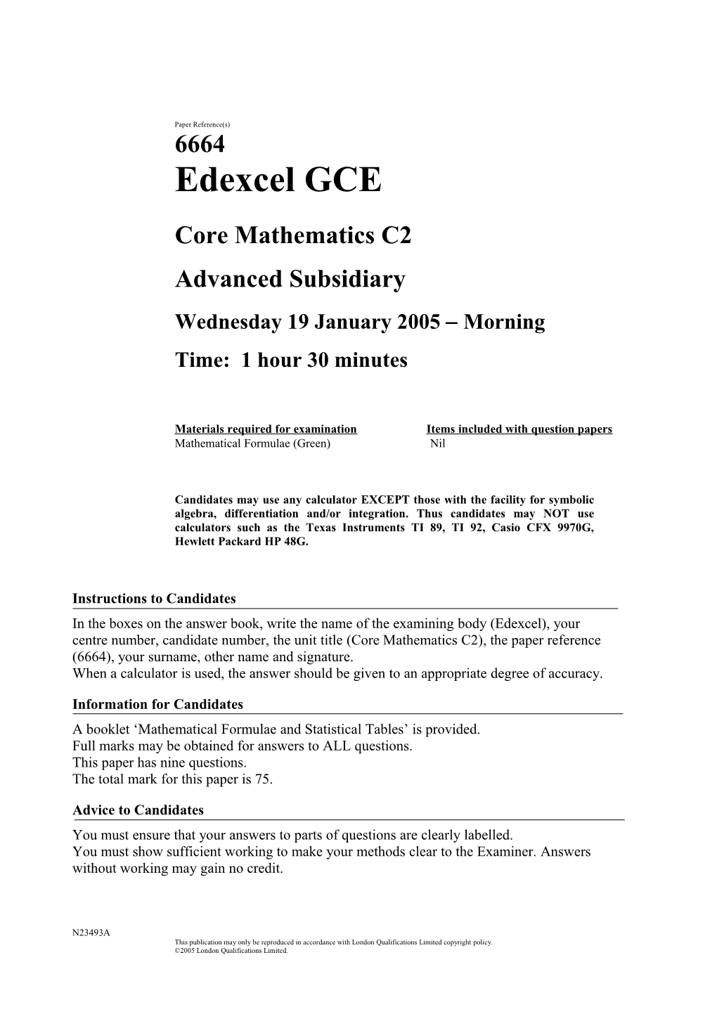 January 2005 - 6664 Core C2 - Question Paper