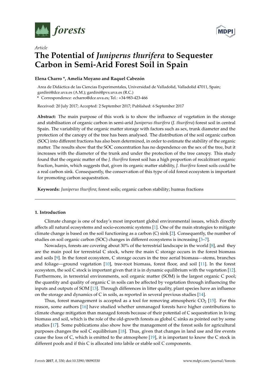 The Potential of Juniperus Thurifera to Sequester Carbon in Semi-Arid Forest Soil in Spain