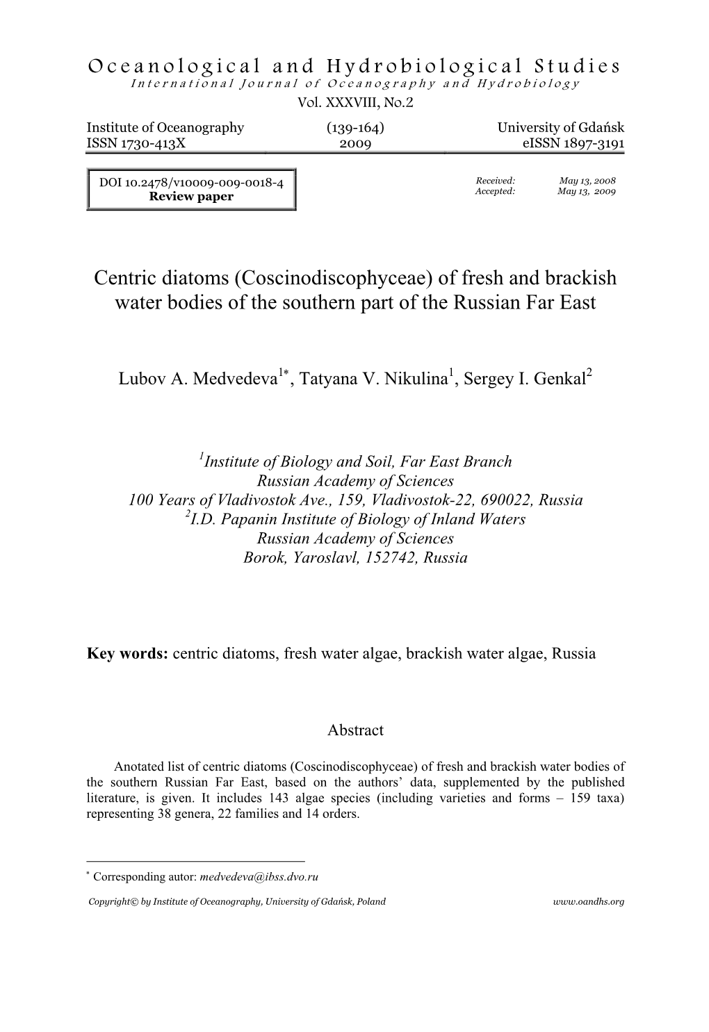 Centric Diatoms (Coscinodiscophyceae) of Fresh and Brackish Water Bodies of the Southern Part of the Russian Far East