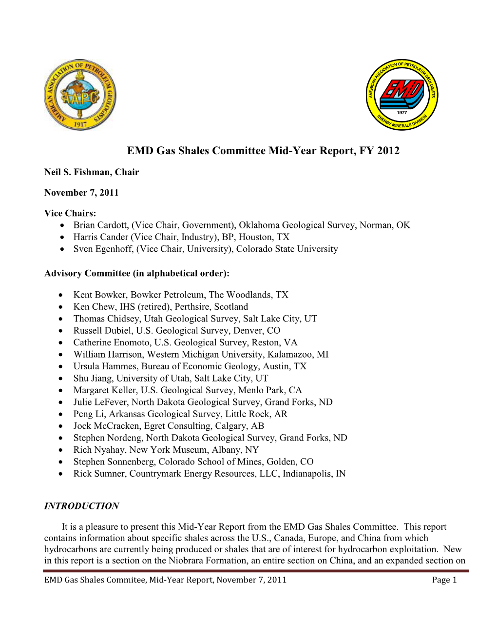 EMD Gas Shales Committee Mid-Year Report, FY 2012