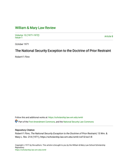 The National Security Exception to the Doctrine of Prior Restraint