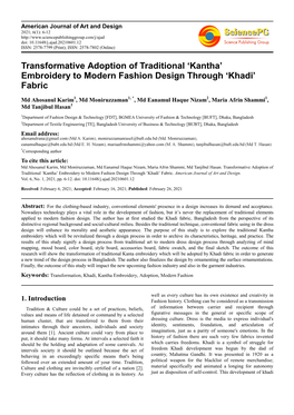 Transformative Adoption of Traditional 'Kantha' Embroidery to Modern Fashion Design Through 'Khadi' Fabric