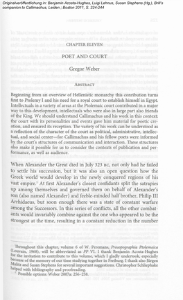 POET and COURT Gregor Weber Beginning from an Overview of Hellenistic Monarchy This Conribution Turns First to Ptolemy I And