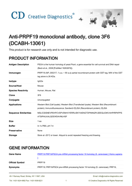 Anti-PRPF19 Monoclonal Antibody, Clone 3F6 (DCABH-13061) This Product Is for Research Use Only and Is Not Intended for Diagnostic Use