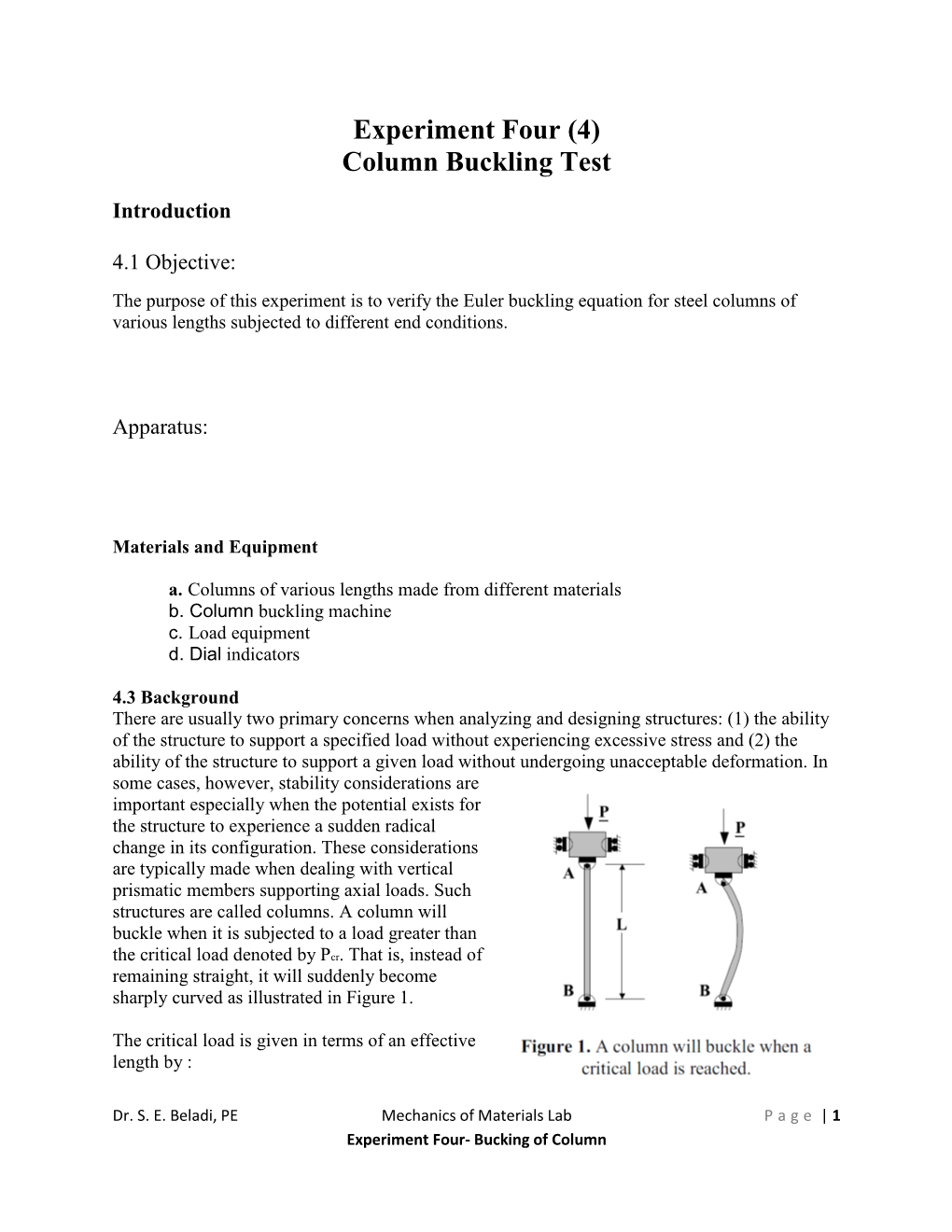 Experiment Four (4) Column Buckling Test