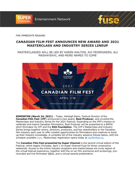 Canadian Film Fest Announces New Award and 2021 Masterclass and Industry Series Lineup
