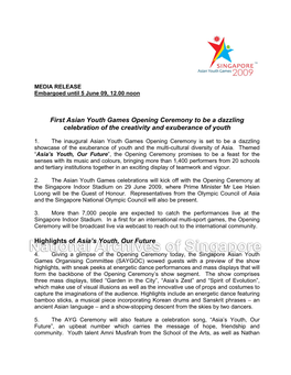 First Asian Youth Games Opening Ceremony to Be a Dazzling Celebration of the Creativity and Exuberance of Youth