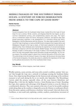 Middle Passages of the Southwest Indian Ocean: a Century of Forced Immigration from Africa to the Cape of Good Hope*