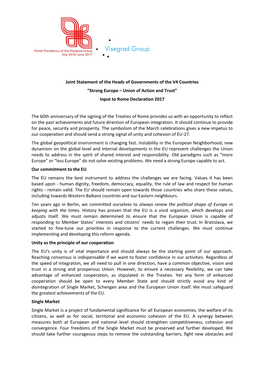 Joint Statement of the Heads of Governments of the V4 Countries “Strong Europe – Union of Action and Trust” Input to Rome Declaration 2017