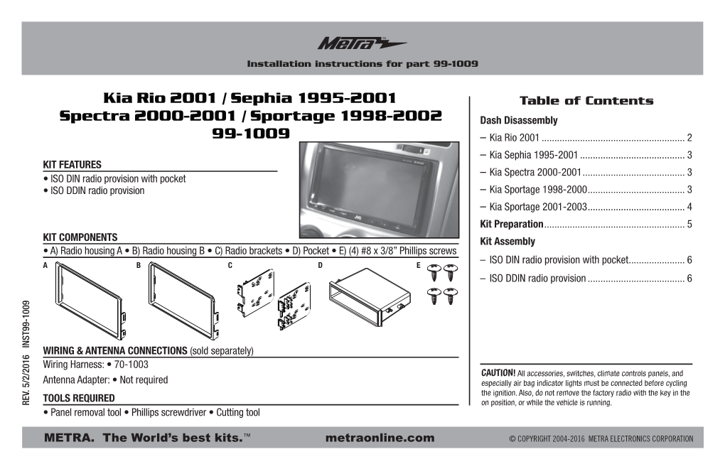 Kia Rio 2001 / Sephia 1995-2001 Spectra 2000-2001 / Sportage 1998