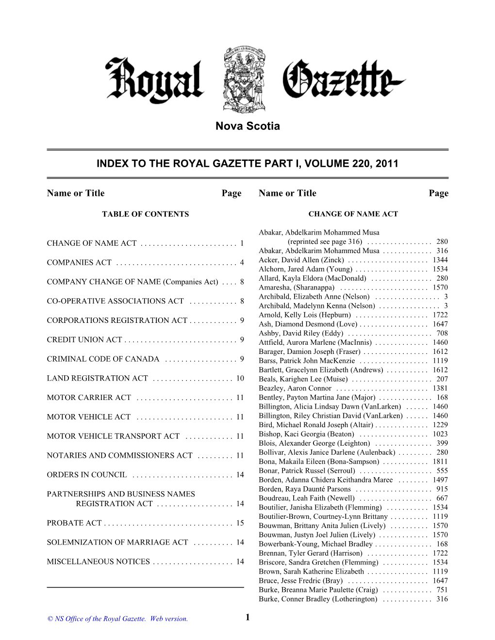 NS Royal Gazette Part I