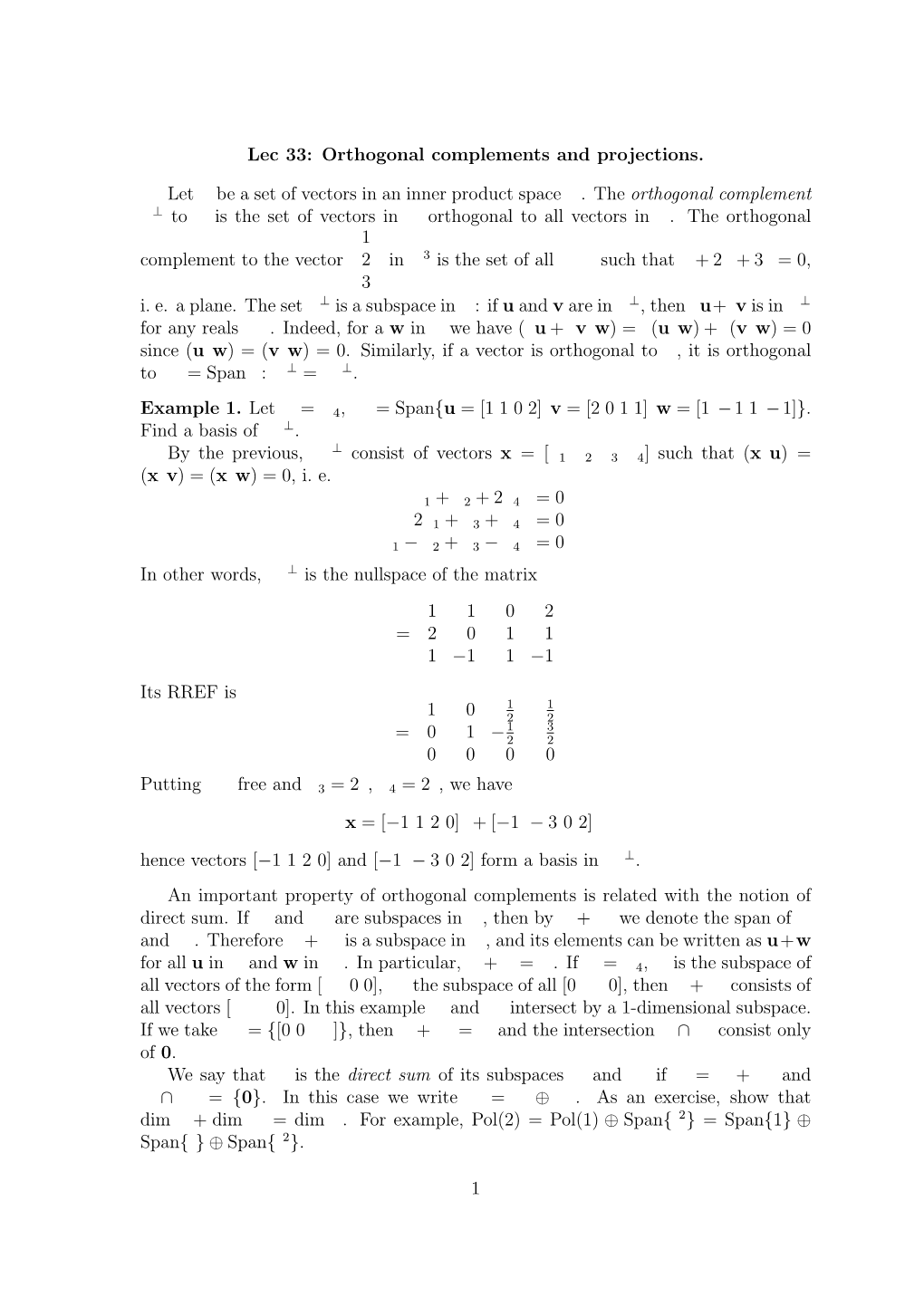 Lec 33: Orthogonal Complements and Projections. Let S Be a Set of Vectors