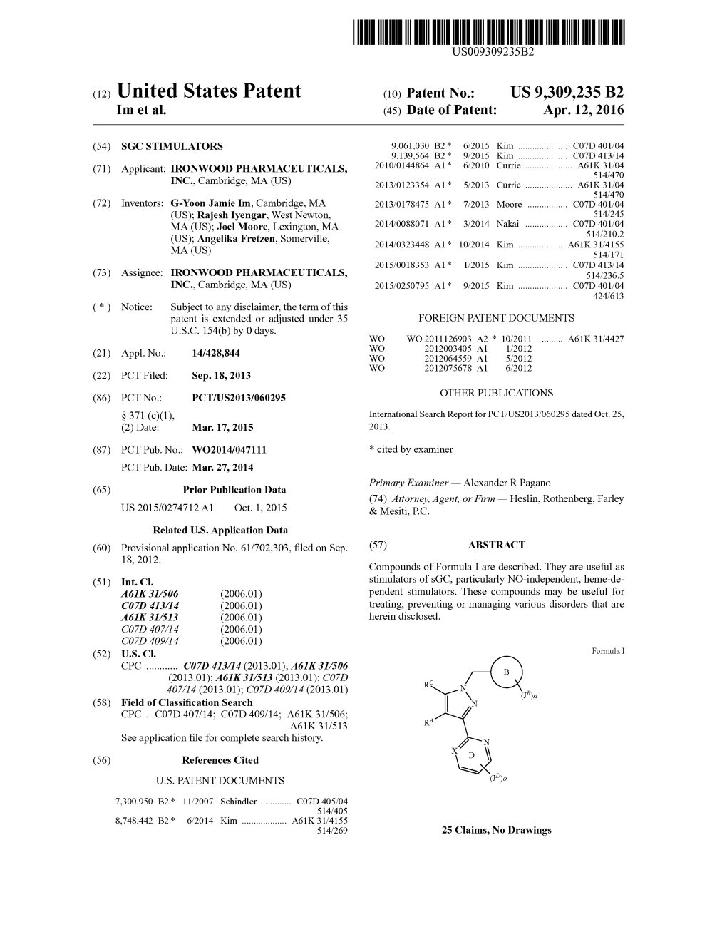 (10) Patent No.: US 9309235 B2