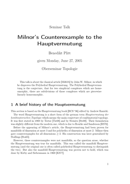 Milnor's Counterexample to the Hauptvermutung