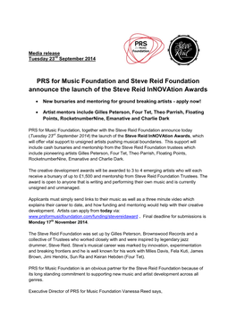 PRS for Music Foundation and Steve Reid Foundation Announce the Launch of the Steve Reid Innovation Awards
