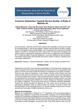 Customer Satisfaction Towards Service Quality: a Study of Malindo Air