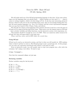 Notes for MP0 - Basic Ocaml CS 421, Spring, 2010