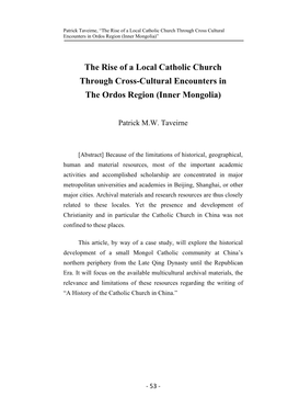 The Rise of a Local Catholic Church Through Cross-Cultural Encounters in the Ordos Region (Inner Mongolia)