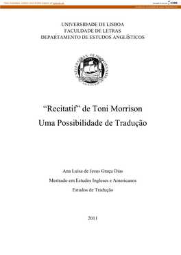 Recitatif‖ De Toni Morrison Uma Possibilidade De Tradução