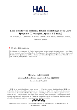 Late Pleistocene Mammal Faunal Assemblage from Cava Spagnulo (Grottaglie, Apulia, SE Italy) B
