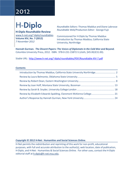 H-Diplo Roundtables, Vol. XIV, No. 6 (2012)