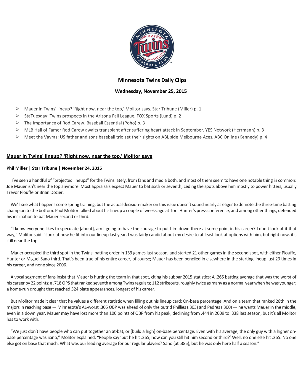 Minnesota Twins Daily Clips Wednesday, November 25, 2015