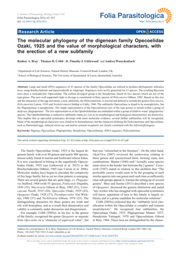 The Molecular Phylogeny of the Digenean Family Opecoelidae Ozaki, 1925 and the Value of Morphological Characters, with the Erection of a New Subfamily