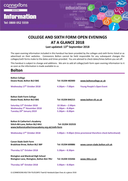 COLLEGE and SIXTH FORM OPEN EVENINGS at a GLANCE 2018 Last Updated: 13Th September 2018
