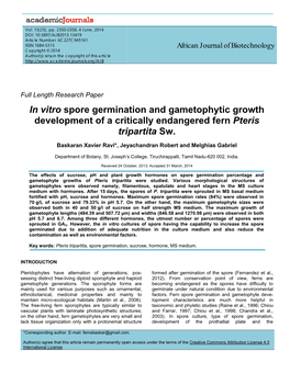 In Vitro Spore Germination and Gametophytic Growth Development of a Critically Endangered Fern Pteris Tripartita Sw