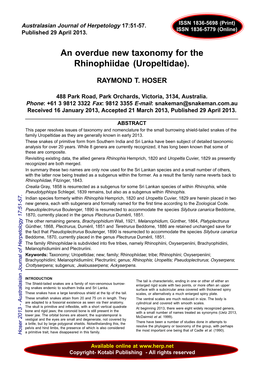 An Overdue New Taxonomy for the Rhinophiidae (Uropeltidae)