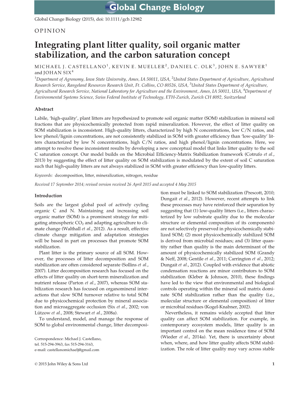 Integrating Plant Litter Quality, Soil Organic Matter Stabilization, and the Carbon Saturation Concept