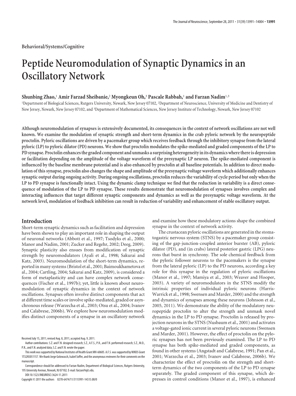 Peptide Neuromodulation of Synaptic Dynamics in an Oscillatory Network