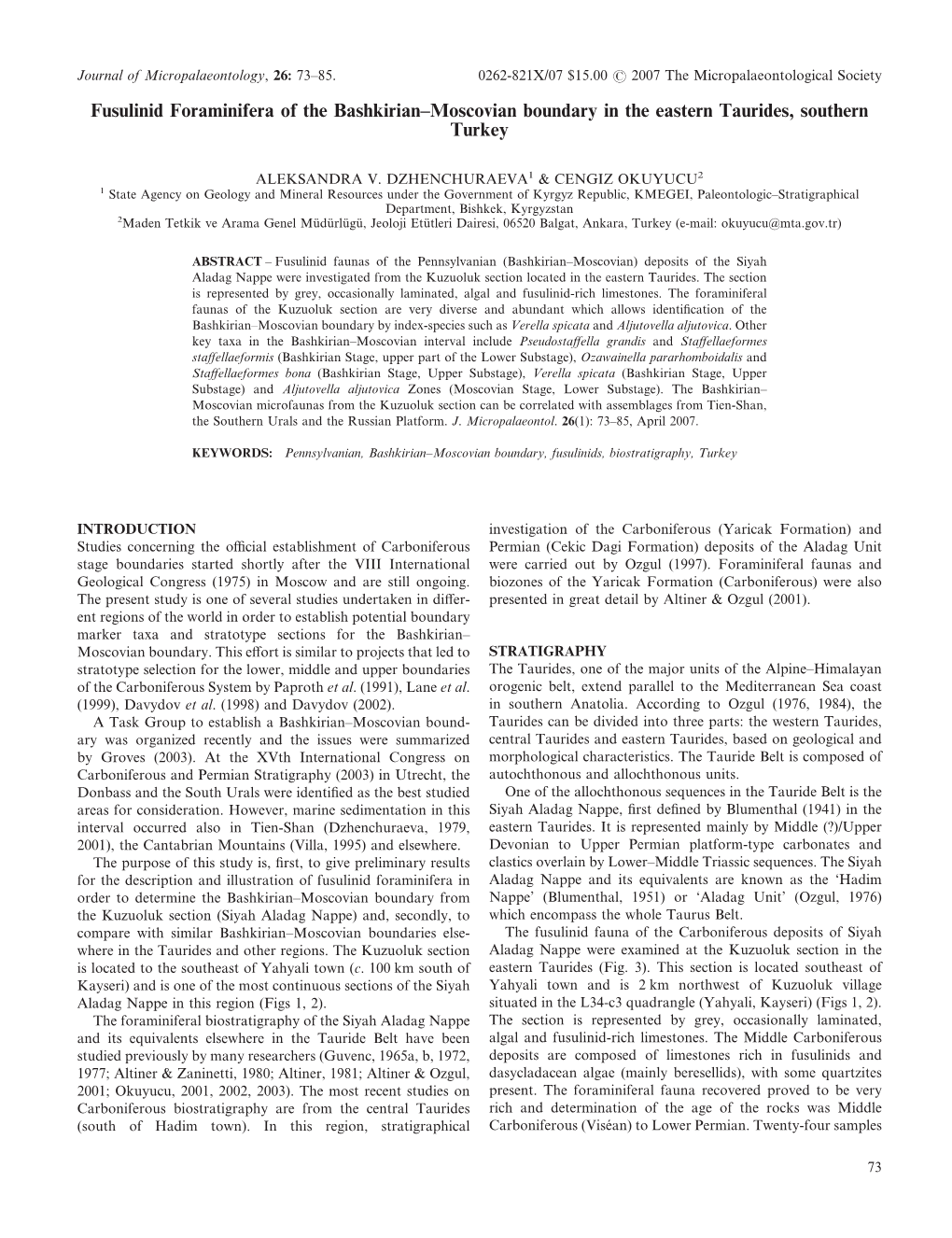 Fusulinid Foraminifera of the Bashkirian–Moscovian Boundary in the Eastern Taurides, Southern Turkey