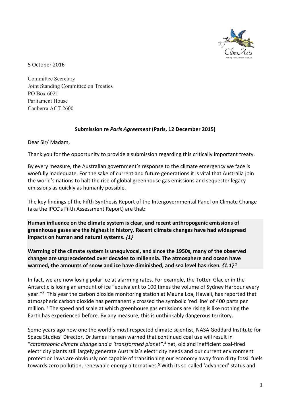 5 October 2016 Submission Re Paris Agreement (Paris, 12 December