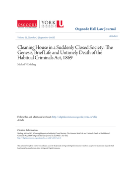 Cleaning House in a Suddenly Closed Society: the Genesis, Brief Life and Untimely Death of the Habitual Criminals Act, 1869 Michael W