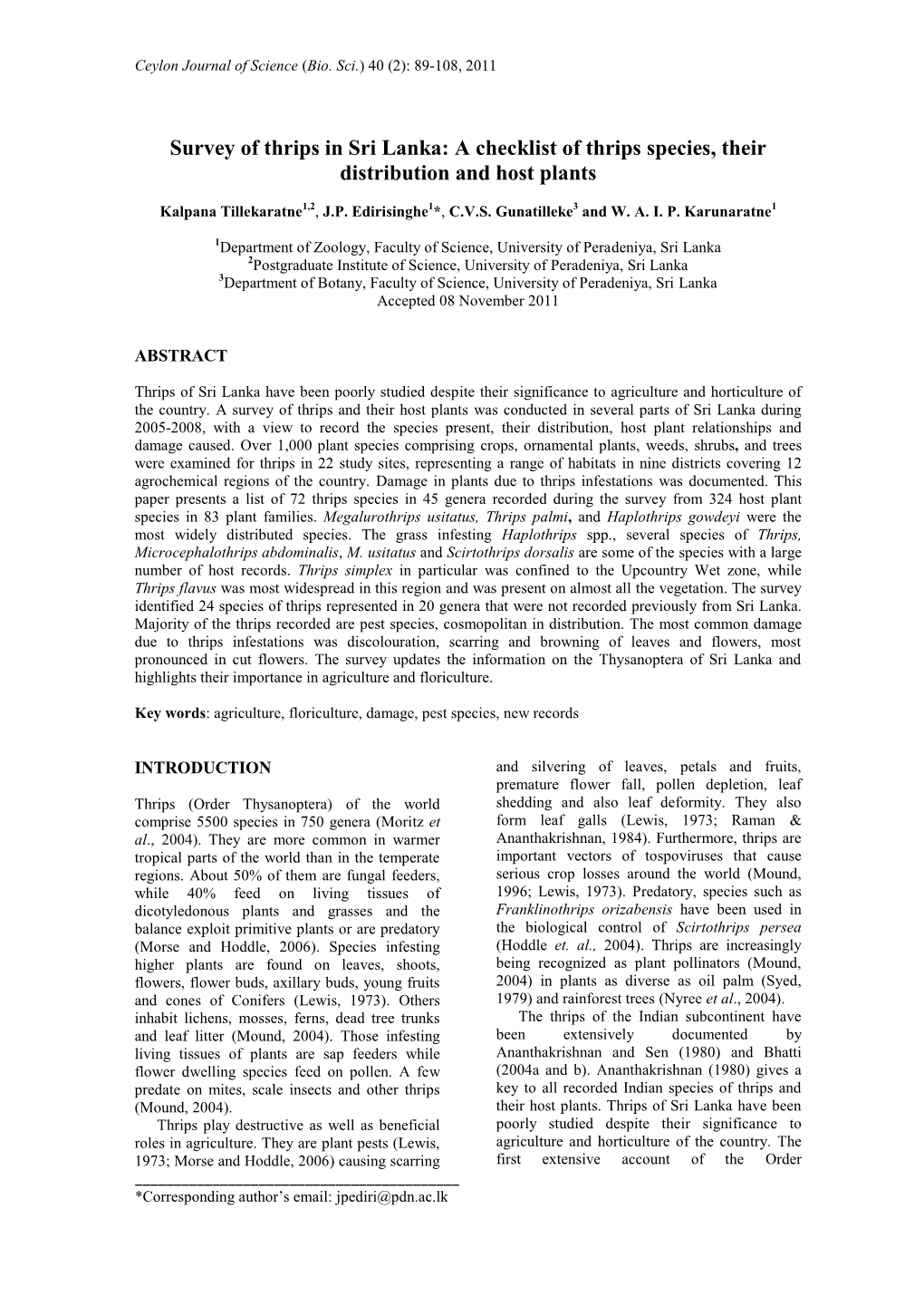 Survey of Thrips in Sri Lanka: a Checklist of Thrips Species, Their Distribution and Host Plants