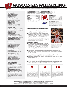 WISCONSIN WRESTLING 2015 ALPHABETICAL ROSTER 2015-16 Badgers Cathery, Santonio 5-8 157 RS JR Chicago, Ill