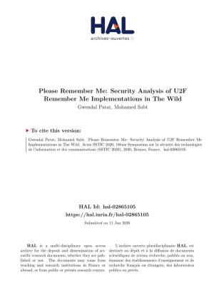 Security Analysis of U2F Remember Me Implementations in the Wild Gwendal Patat, Mohamed Sabt