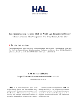 Documentation Reuse: Hot Or Not? an Empirical Study Mohamed Oumaziz, Alan Charpentier, Jean-Rémy Falleri, Xavier Blanc