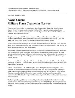 Soviet Union: Military Plane Crashes in Norway