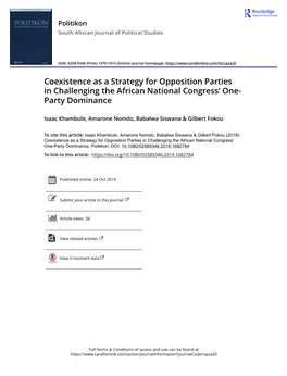 Coexistence As a Strategy for Opposition Parties in Challenging the African National Congress’ One- Party Dominance