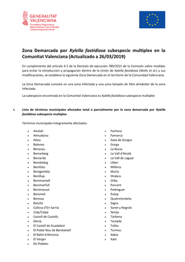 Zona Demarcada Por Xylella Fastidiosa Subespecie Multiplex En La Comunitat Valenciana (Actualizado a 26/03/2019)