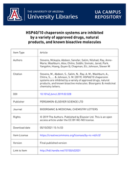 HSP60/10 Chaperonin Systems Are Inhibited by a Variety of Approved Drugs, Natural Products, and Known Bioactive Molecules