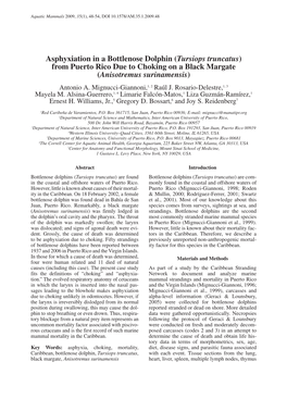 Asphyxiation in a Bottlenose Dolphin (Tursiops Truncatus) from Puerto Rico Due to Choking on a Black Margate (Anisotremus Surinamensis) Antonio A